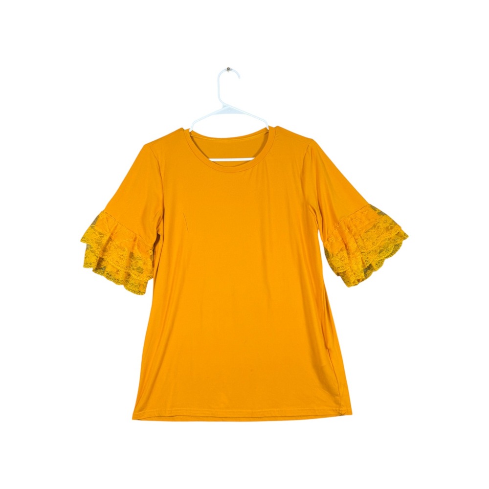 Chic Me Mustard Yellow Lace Tiered‎ Ruffle Sleeve Knit Top Blouse CTD252-8 Large